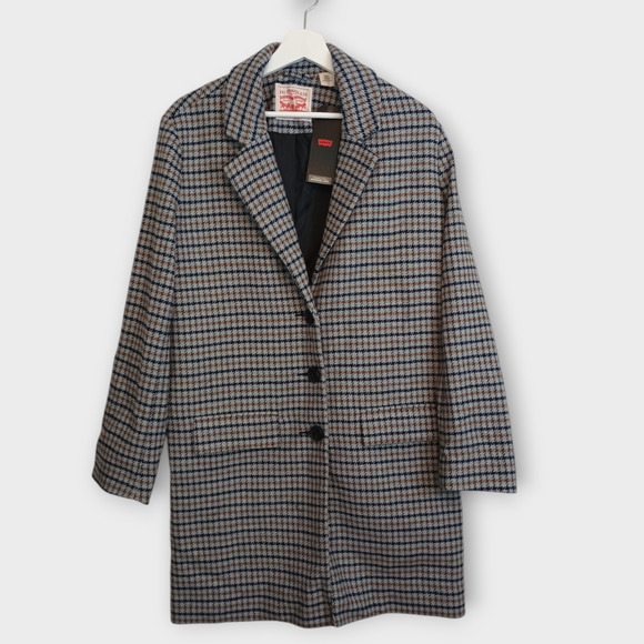 Levi's Coat Women Large Houndstooth Plaid Trench Cocoon Oversized Lagenlook Cozy